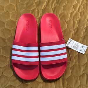Adidas Bold Red Slides with White Stripes